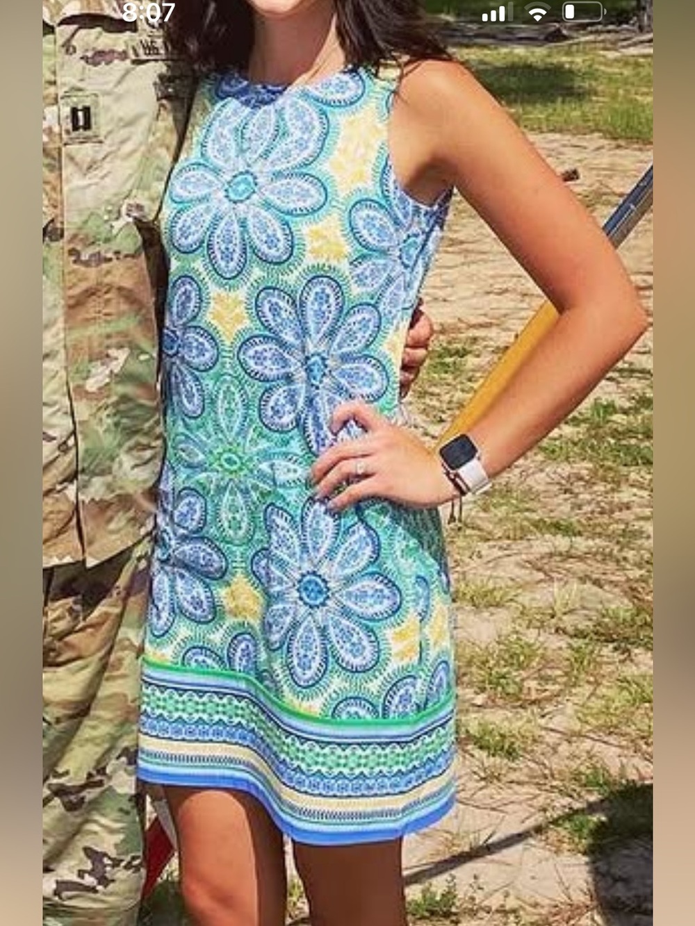 London Times Printed Dress in Blue, Green & Yellow